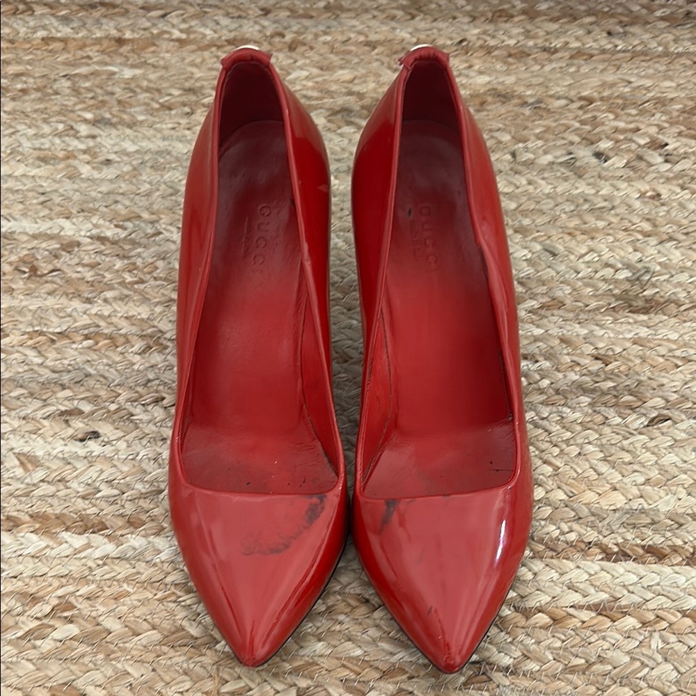 GUCCI red patent leaver heels 2.5” heel size 6.5 Gucci logo at back of heel